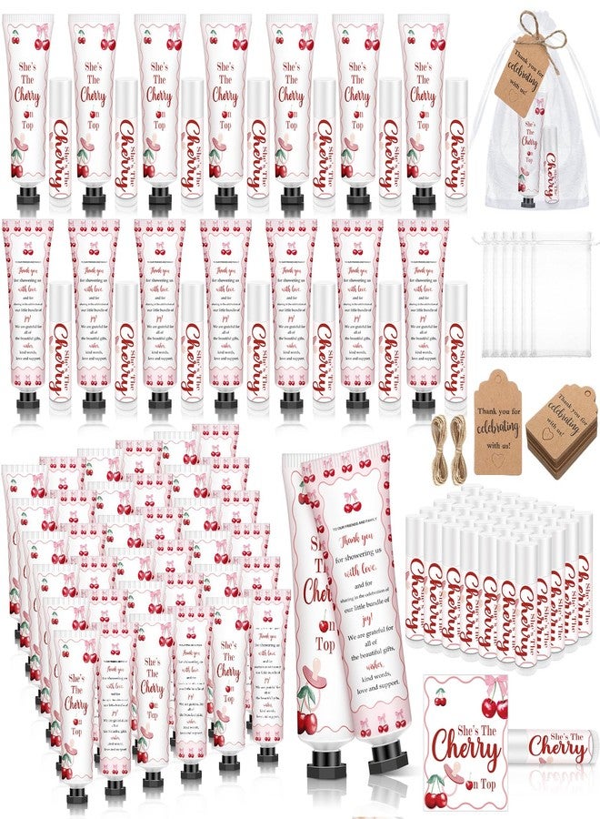 Dimsile 50 Sets 200 Pcs Cherry Baby Shower Gifts Bulk Hand Lotion and Lip Balm Party Favors Theme Baby Shower Travel Size Hand Lotion and Lip Balm with Organza Bags Tags - Image 1